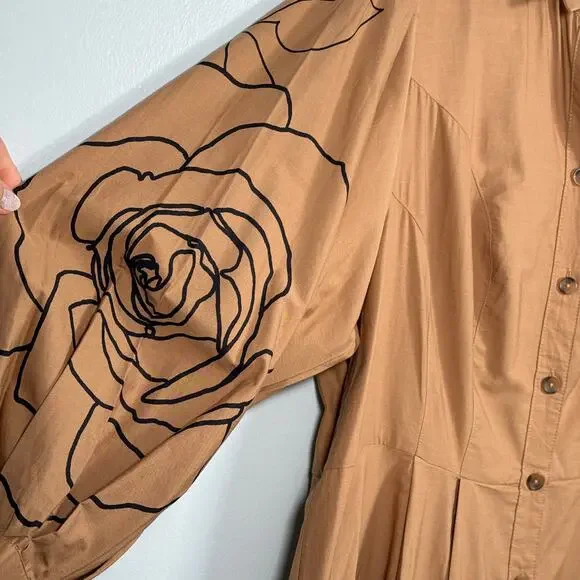 Anthropologie Printed Poplin Shirtdress 18 Tan Floral Line Art Midi Dress - Picture 5 of 9